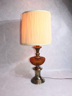 Vtg Amber Glass Hobnail Electric Lamp Metal Brass Colored Works NO SHADE
