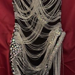 Luxurious Silver Crystals Chains Transparent Black Nude Dress