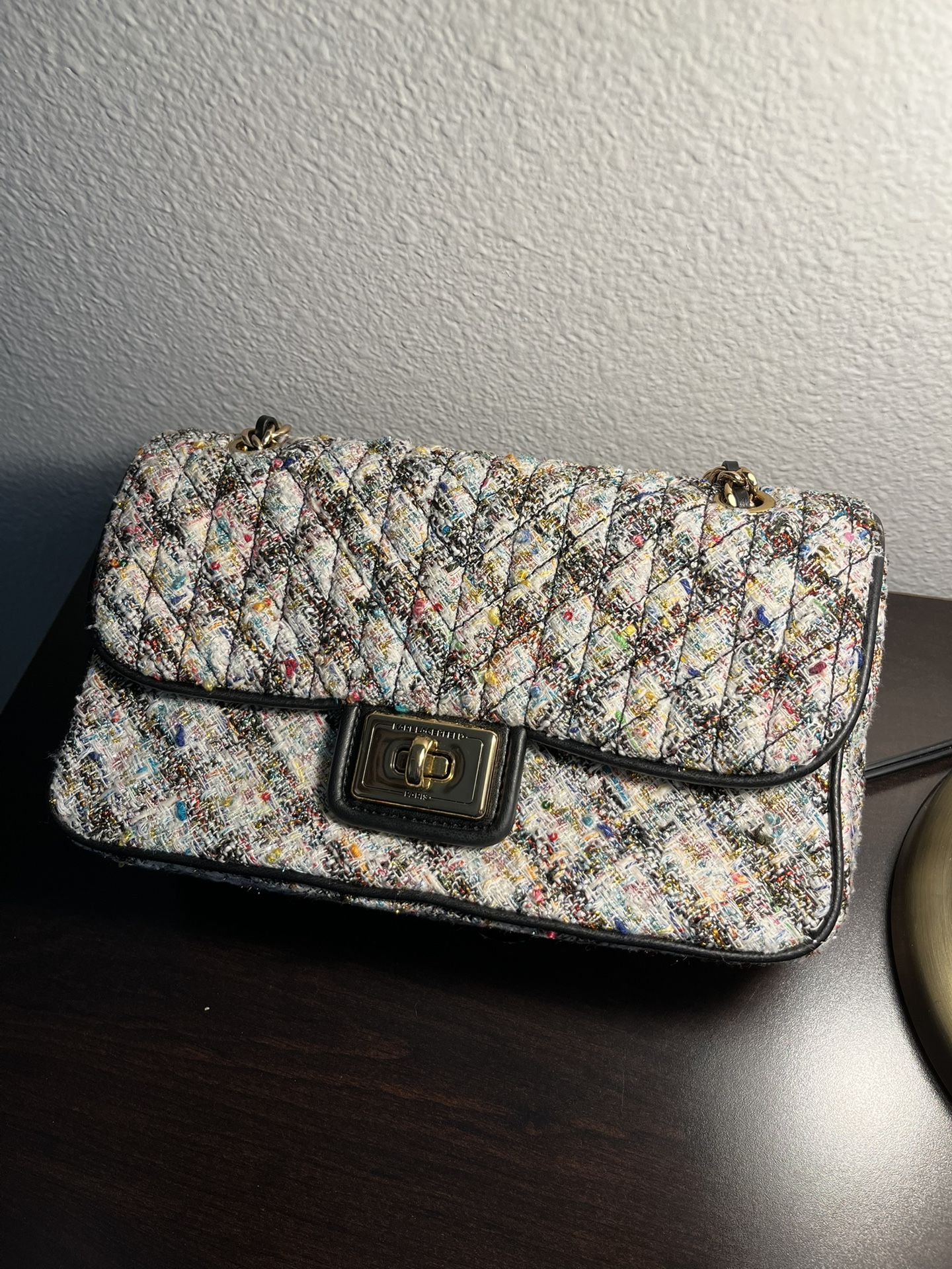 Karl Lagerfeld Paris Gray/Pink candy Agynes quilted tweed gold tone shoulder bag