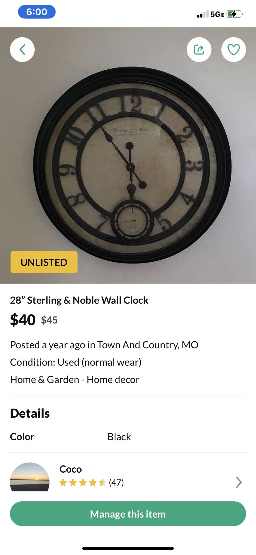 28” Sterling & Noble Wall Clock