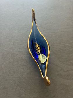 Vintage Murano Cobalt Blue Small Art Glass Boat Dish with 24k Gold Gilt Trim