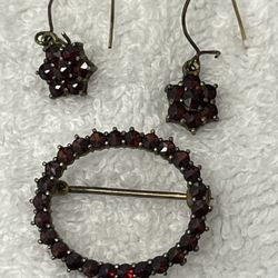 Antique Bohemian rose, Cut, garnet, Earrings and brooch