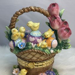 Easter decorative Collectables.  Hinged Trinket box.  Chicks, eggs, flowers