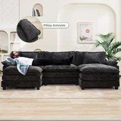 112” Black Modular U-Shaped Chenille Sectional Sofa w/ Ottoman  [NEW IN BOX] **Retails for $1000