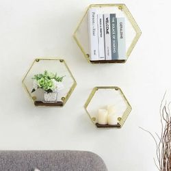 Set of 3 Hexagon Metal Wall Shelves – Gold Wire Frame – Modern Geometric Wall Decor (No Wooden Boards Included)