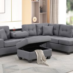 Gray Sofa Sectional w/ Free Storage Ottoman 