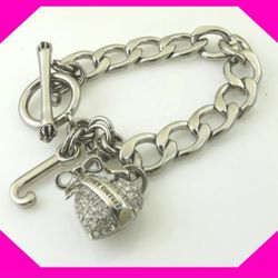   JUICY COUTURE HEART Dangle CZ Silver Chain Link 7 1/2" Toggle BRACELET