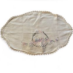 Vintage Butterfly Embroidered Doily – Oval Linen Table Topper with Lace Trim