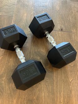 New 50 LB Rubber Hex Dumbbells Pair