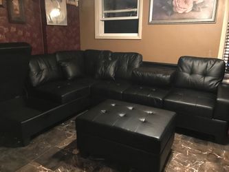 Brand New Black Faux Leather Sectional Sofa w/Storage Ottoman (New In Box)