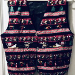 Vintage TanTrums Crushed Velvet Christmas Vest Santa Riding on Duck Sleigh Siz M