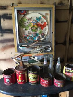 Vintage cans and bottles.