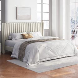 Tufted Fabric Platform Bed Frame, Wing Side Upholstered Bed with Wood Slats, No Box Spring Required for Bedroom, Beige(King)