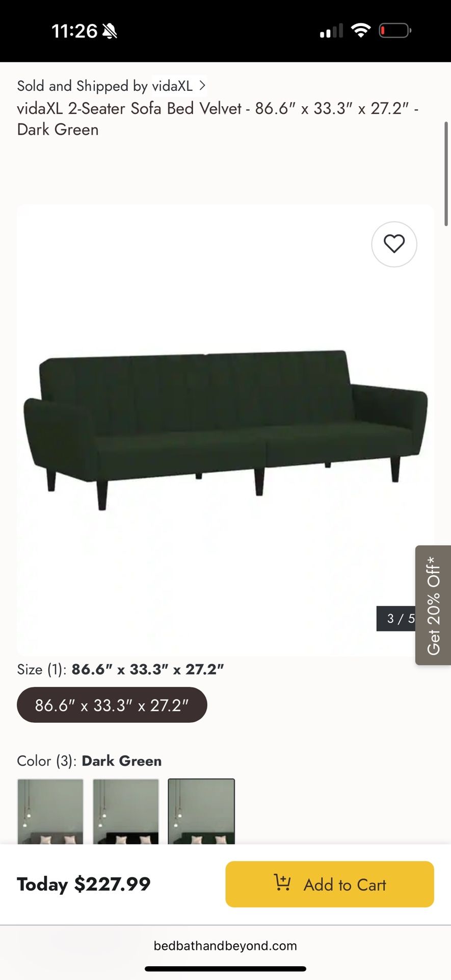 Futon 2 seater sofa bed dark green velvet