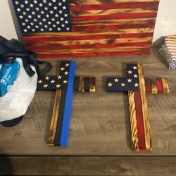 American flag and crosses made out of wood