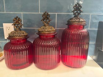 Set of 3 Large Ruby Red Glass Apothecary Jars with Ornate Lids