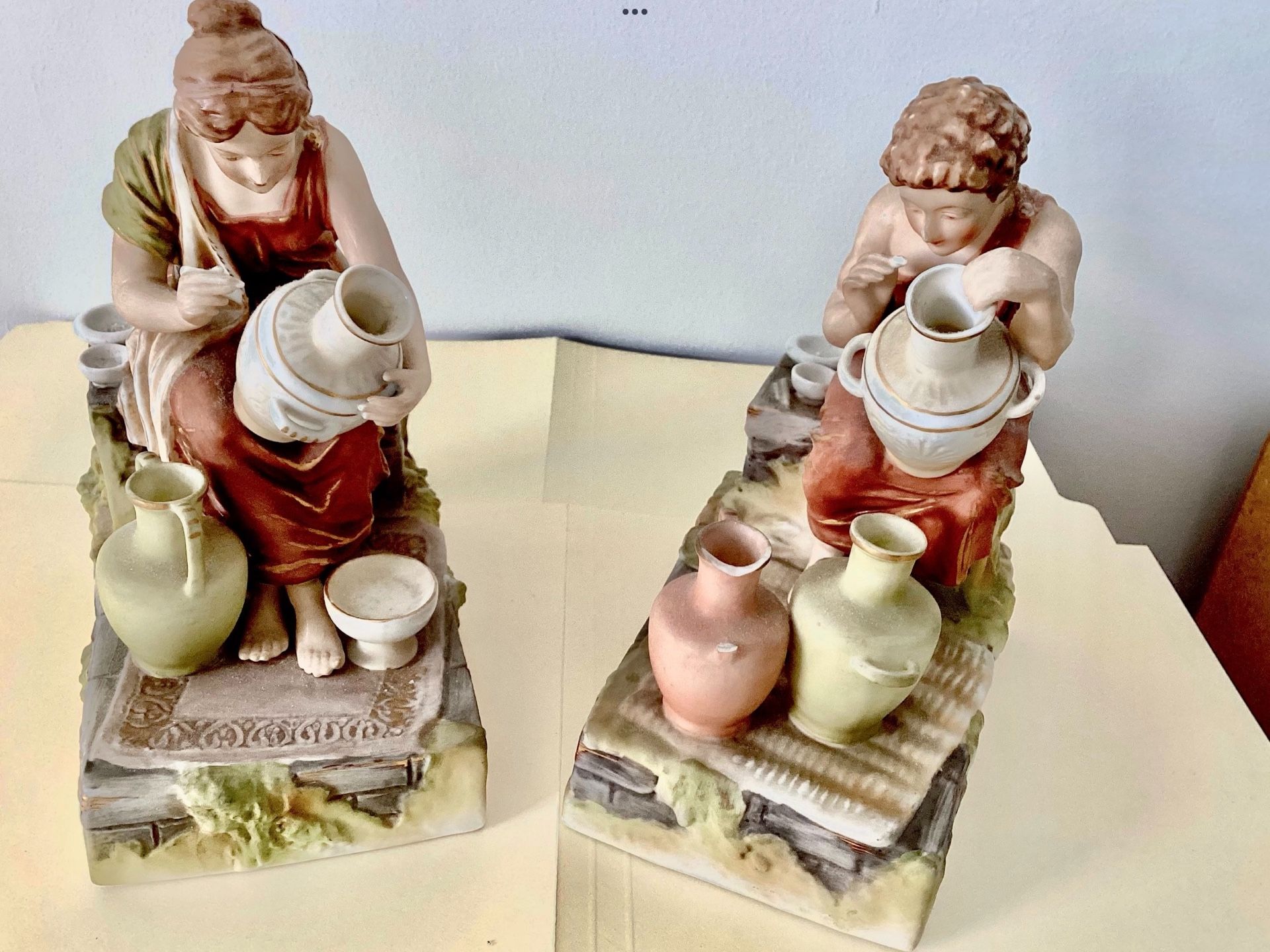 2 Early 20th Century Large Figurines / Bookends Grecian Potters 8” Tall Sylvan Fine China #1582 #1670