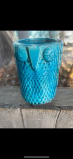 Turquoise Ceramic Owl Cup or Planter