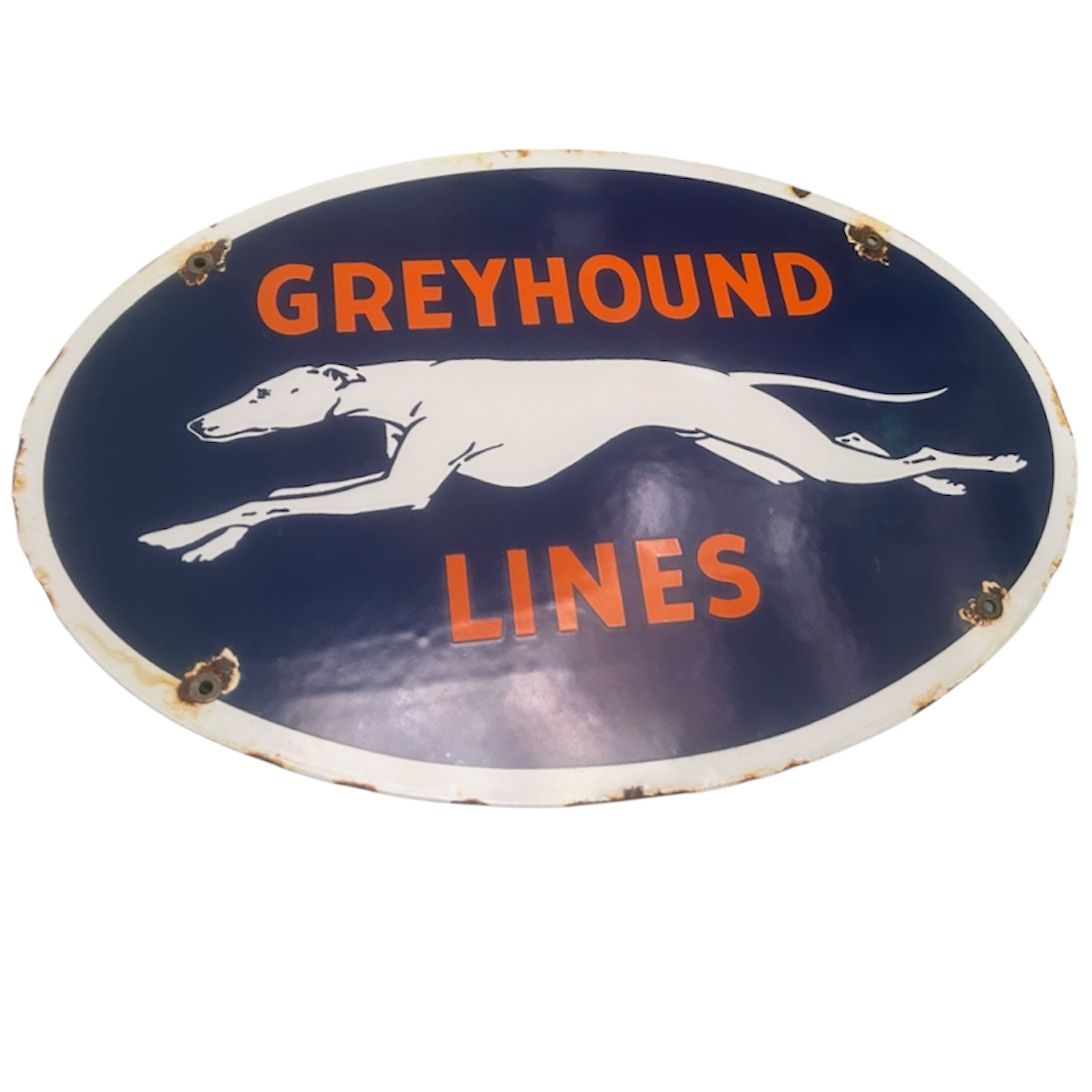 Vintage Porcelain Enamel Greyhound Bus Lines Sign 16.5” X 11”