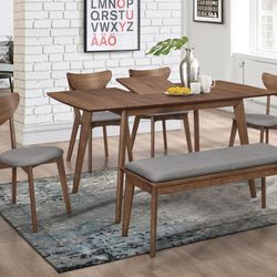 New 6pc Walnut & Grey Dining Table, Bench & Chair