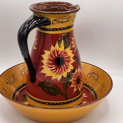 Pier 1 Sunflower Pitcher & 11" Serving Bowl Set Hand Painted Terracotta 2009