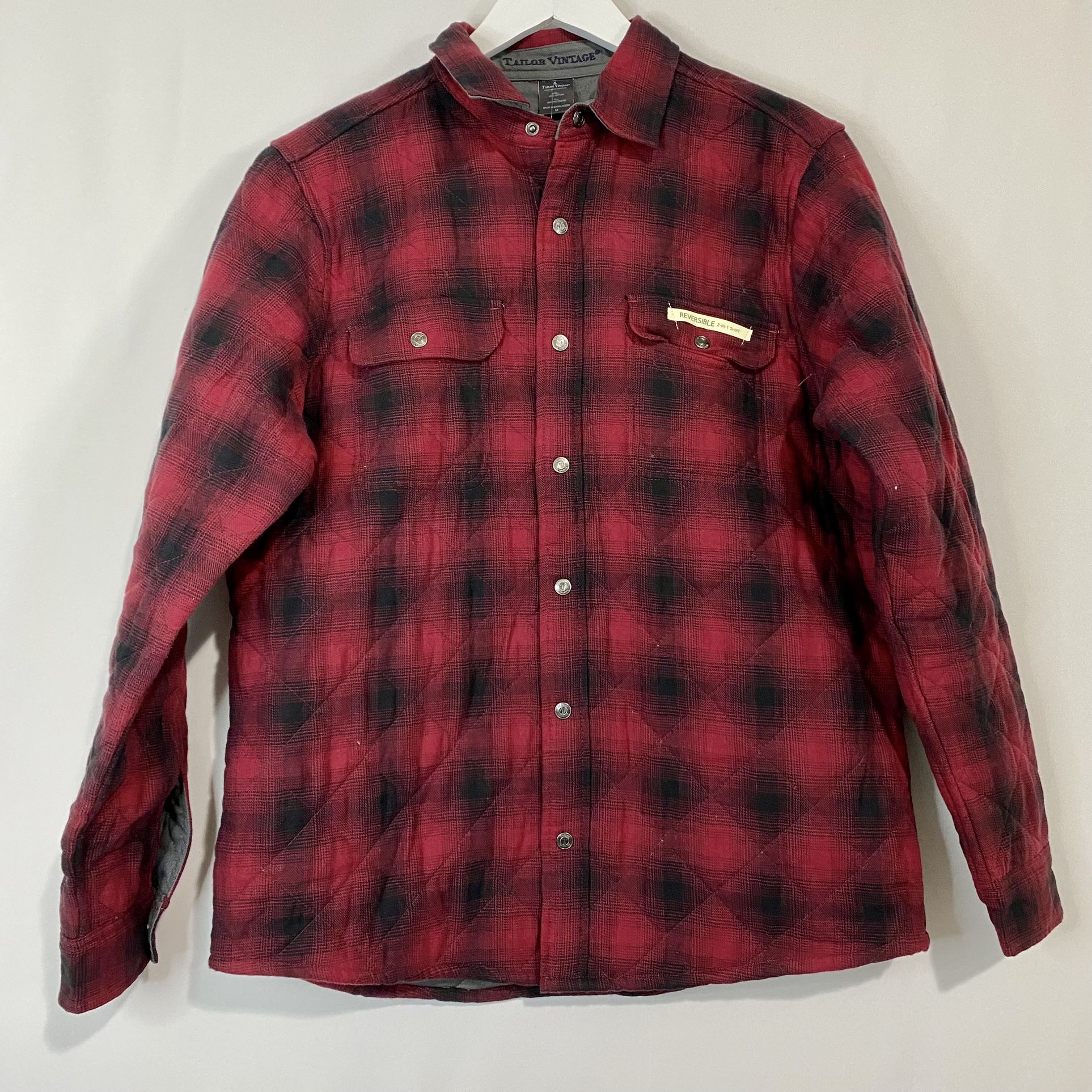Tailor Vintage Men’s Plaid Quilted Reversible Woven Shirt Jacket Red & Grey Med