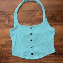 Bozzolo Turquoise Ribbed Halter Crop Top 💙 Y2K Corset Style Tank 🔘 Tagged L Fits S/M – Soft Stretchy Summer Festival Streetwear Look