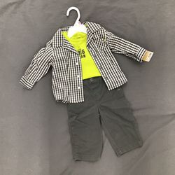 Carter’s 3 piece set check shirt green top bodysuit matching pants for baby 9m
