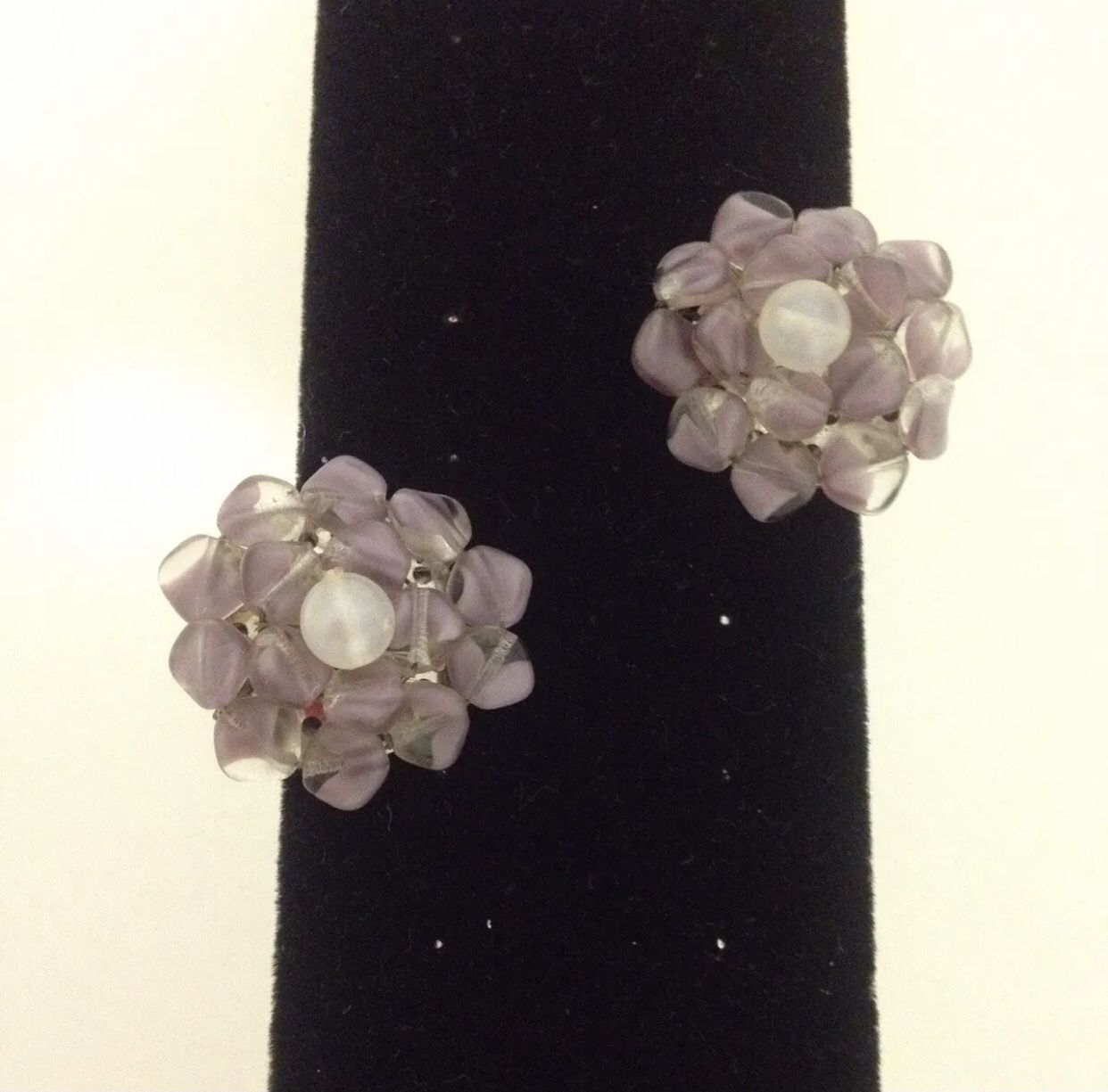 Vintage Western Germany Lavender Glass Cluster Clip On Earrings 1”.  