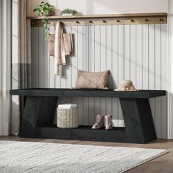 Black Entryway Bench with Storage Shelf – 63” Farmhouse Style