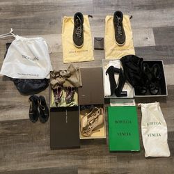 Lot Of 6 Luxury Shoes, 1 Louis Vuitton Bracelet, YSL, Hermes, And Bottega Veneta