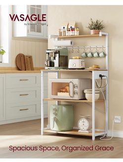 Kitchen Bakers Rack with Power Outlet, Coffee Bar 4-Tier with 8 S Hooks, Microwave Stand, Adjustable Shelf, 15.7 x 31.5 x 55.1 Inches, Golden Oak and 