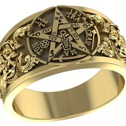 Tetragrammaton Pentagram Ring Gold Tone Statement