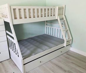White Wood Twin Over Full Bunk Bed with Trundle