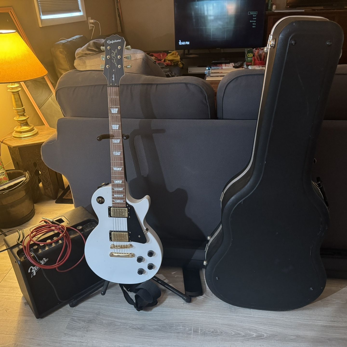 Guitar, Amp, Case, and Stand