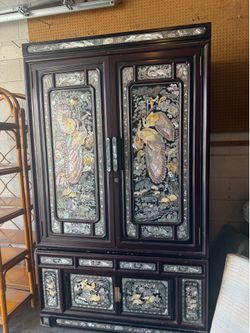 Korean Black Lacquer Cabinet with Elaborate Mother of Pearl Peacock Inlay