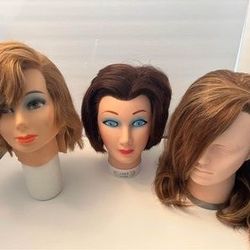 Lot of 3 Cosmetology Head Dolls Beauty School Hair Mannequin Heads with Table Clamp