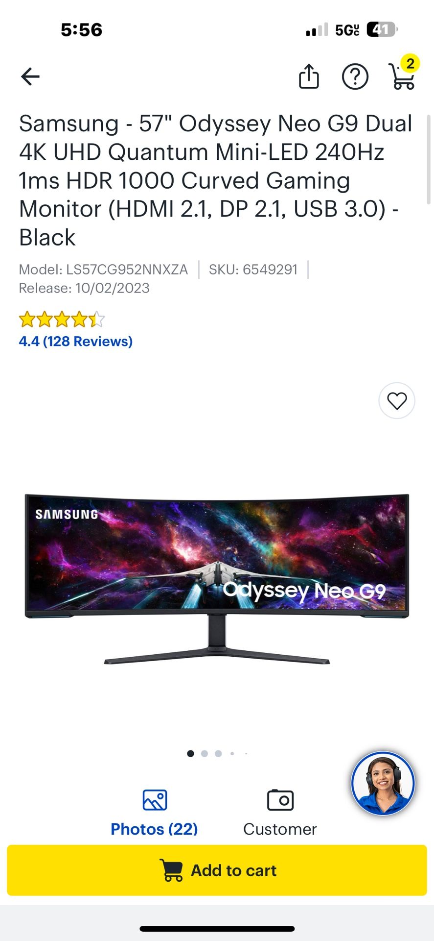 Samsung - 57" Odyssey Neo G9 Dual 4K UHD Quantum Mini-LED 240Hz 1ms HDR 1000 Curved Gaming Monitor (HDMI 2.1, DP 2.1, USB 3.0) -