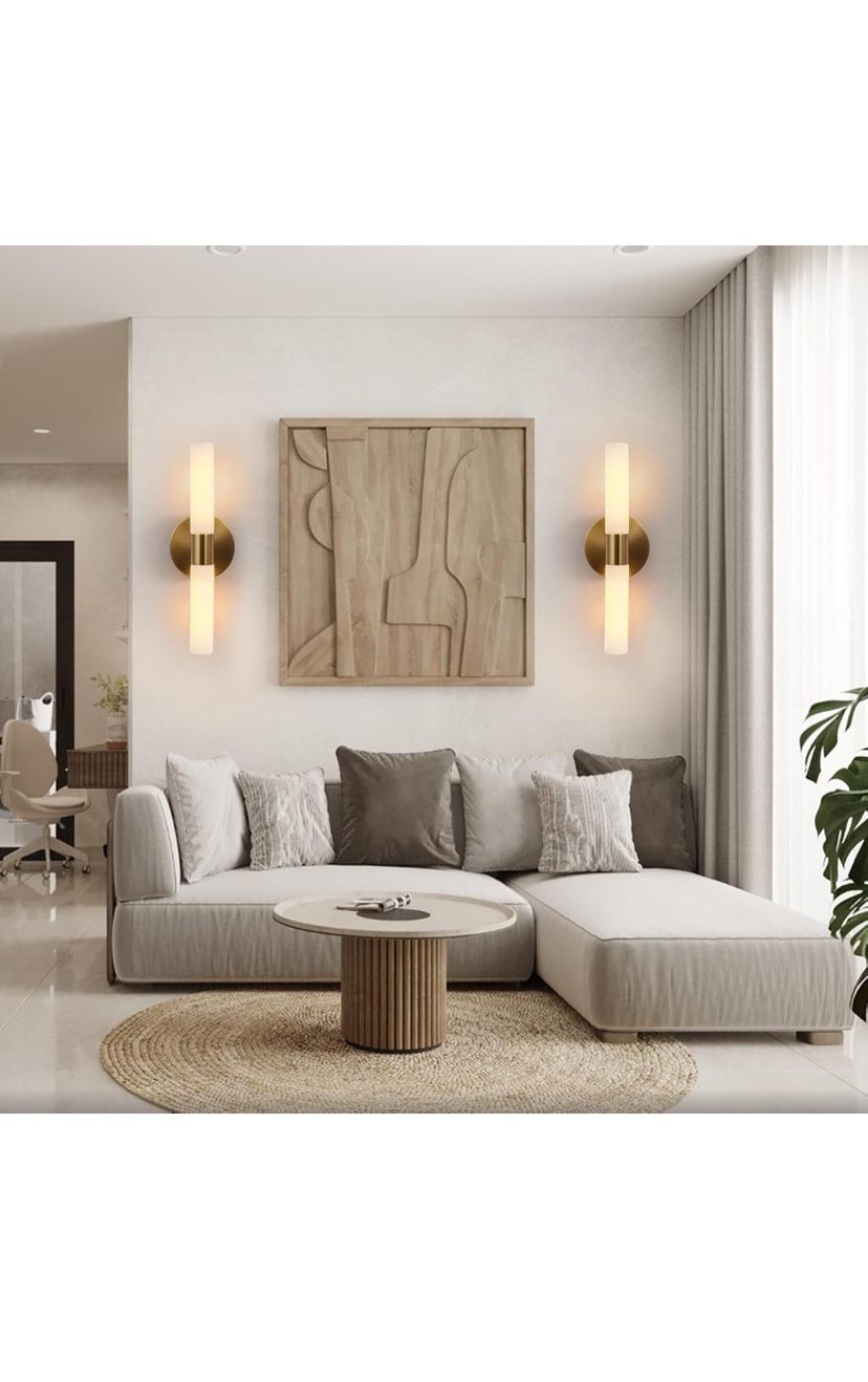 Wall Sconces Set of Two, Brass Gold Bathroom Sconces Wall Lighting with White Glass, Modern Sconces Wall Decor Set of 2 Wall Light fixtures for Bathro