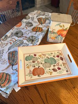 Teal and orange pumpkin wooden tray w matching aluminum canister and tablecloth