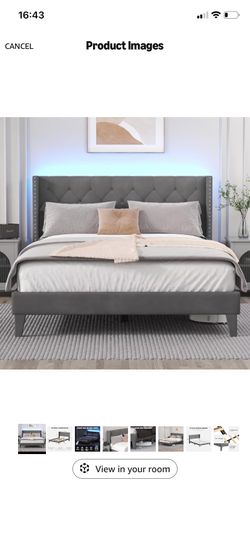 Queen Size Bed Frame with LED Lights, Upholstered Bed Frame with Wingback Diamond Tufted Headboard, Wood Slats Support, Noise-Free, Easy Assembly, No 