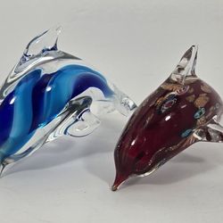 Hand Blown Art Glass Dolphin Figurines Blue Burgandy Gold Specs 5.5" Set of 2