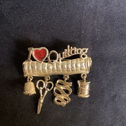 Vintage AJC Dangling I Love Quilting Brooch