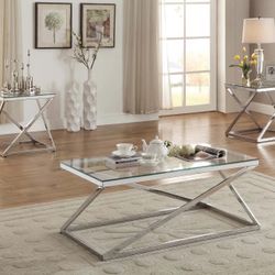 3 Pieces Set Metal And Glass Coffee Table And End Tables