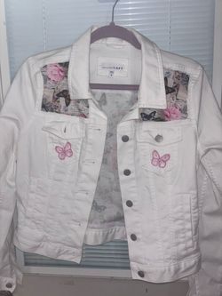 LOFT White Denim Jacket with Butterfly Embroidery, Size S