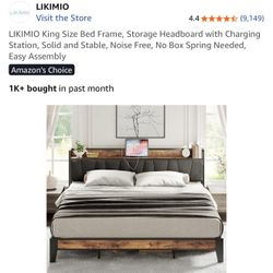 King Size Bed Frame w/ Headboard & Charging Station