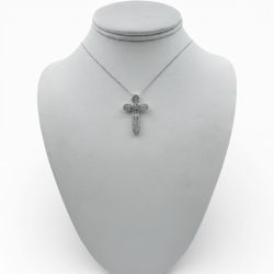 18k White Gold Cross Pendant with Diamonds and 14" Necklace.