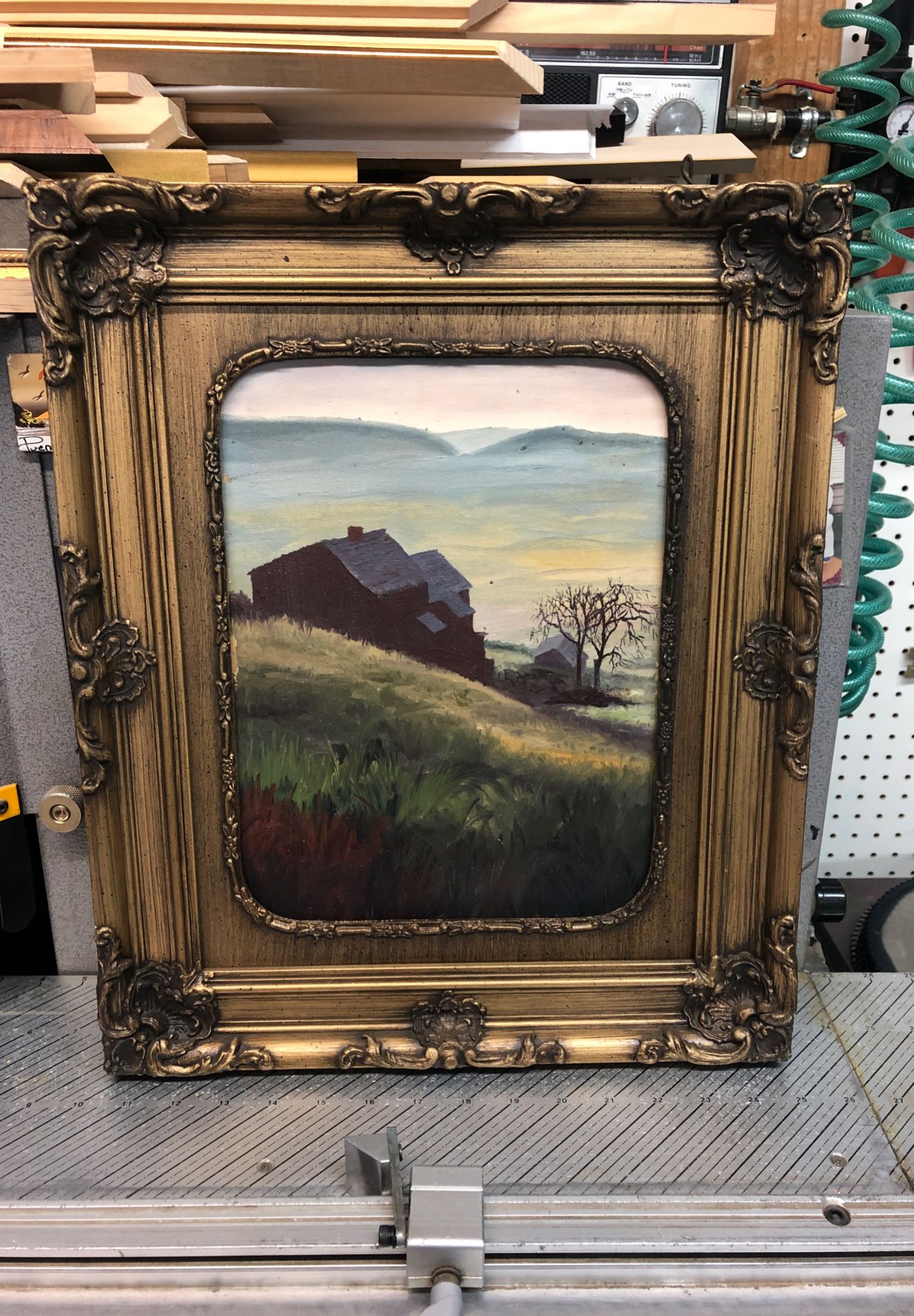 Vintage barn painting 9x12” original oil on canvas panel some damage can ship with or without frame