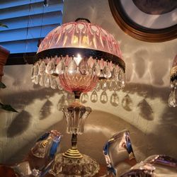 Antique crystal pink lamps vintage , perfect , one fifty eight each , a work rate