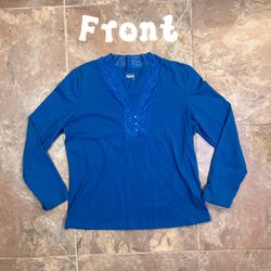 Basic Editions Royal Blue Lace-Trim Long Sleeve V-Neck Top